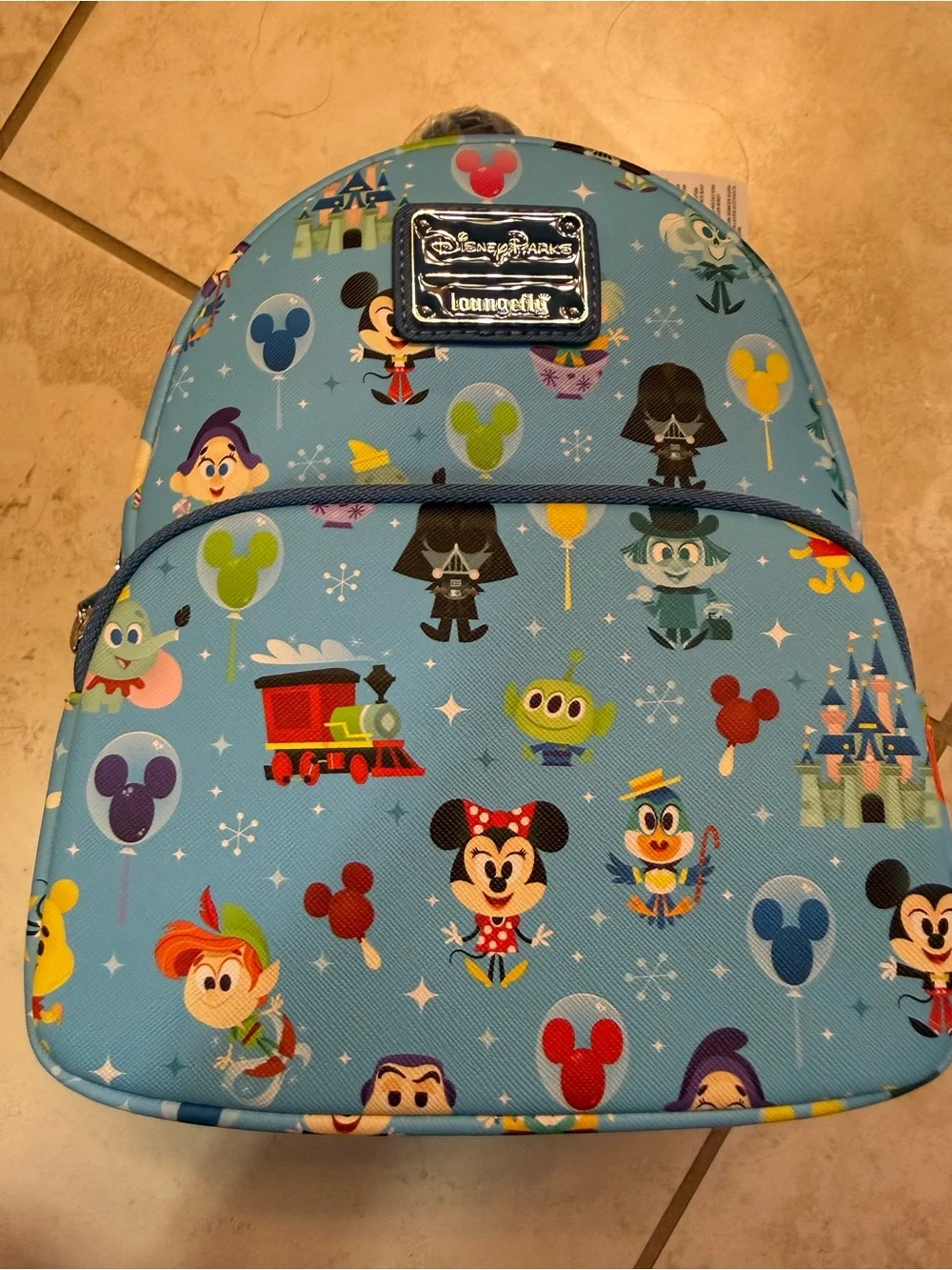 Disney Loungefly Light Blue Backpack with Minnie, Mickey & Park Icons